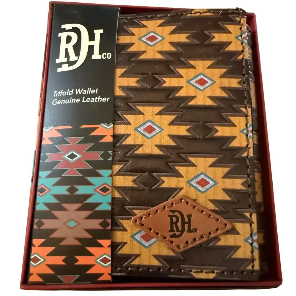 Red Dirt Hat Company Southwest Pattern Brown Leather Men's Trifold Wallet, NWT